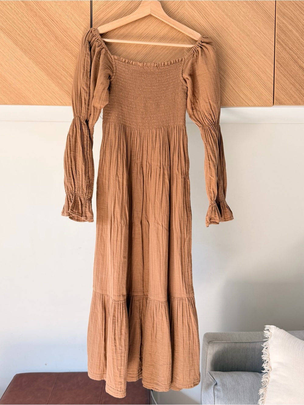 Quince Gauze Smocked Midi Dress-Caramel Brown Small 100% Organic Cotton - Picture 5 of 7